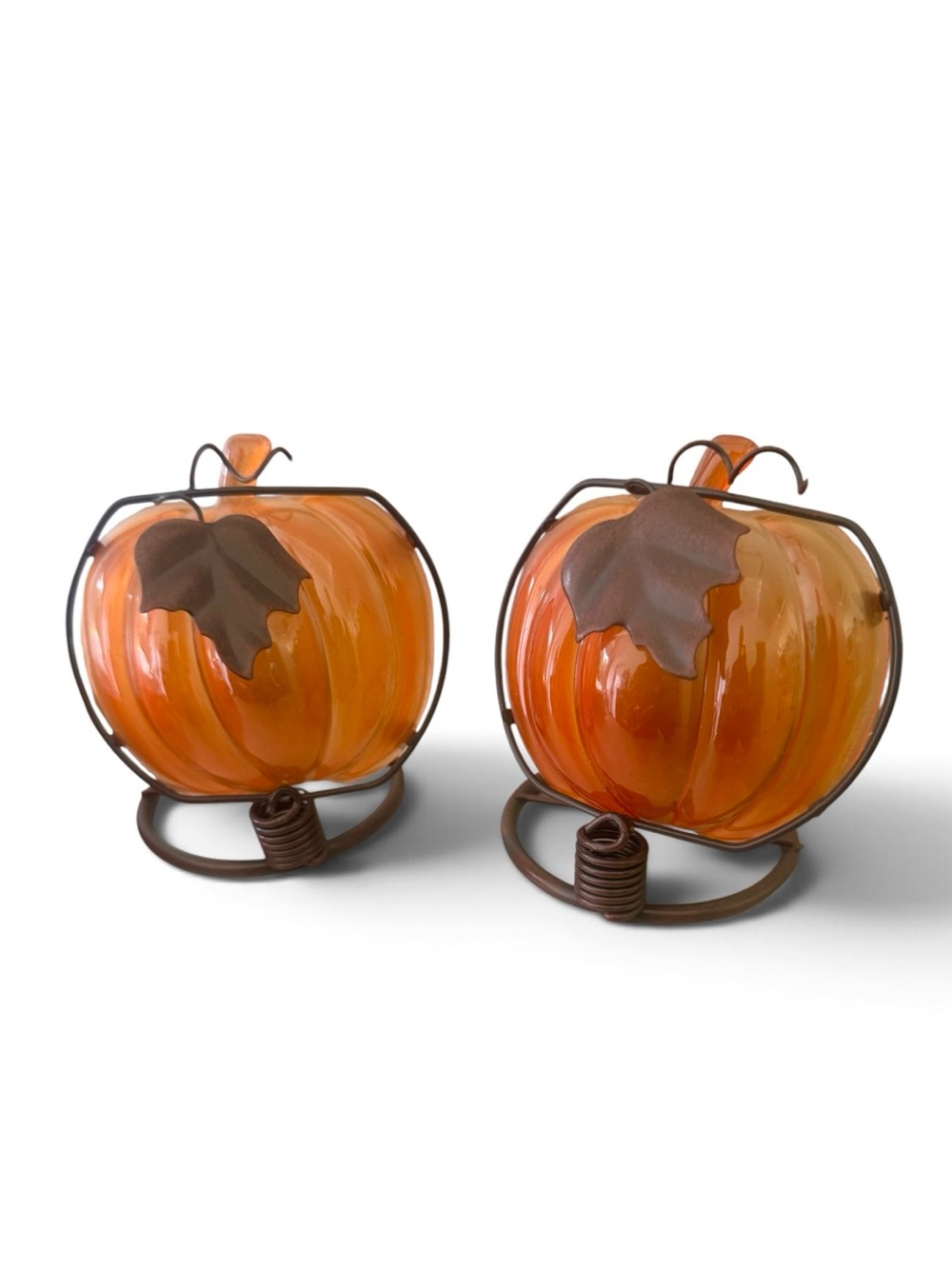 Vintage Set of 2 Glass and Wrought Iron Pumpkin Votive Holders